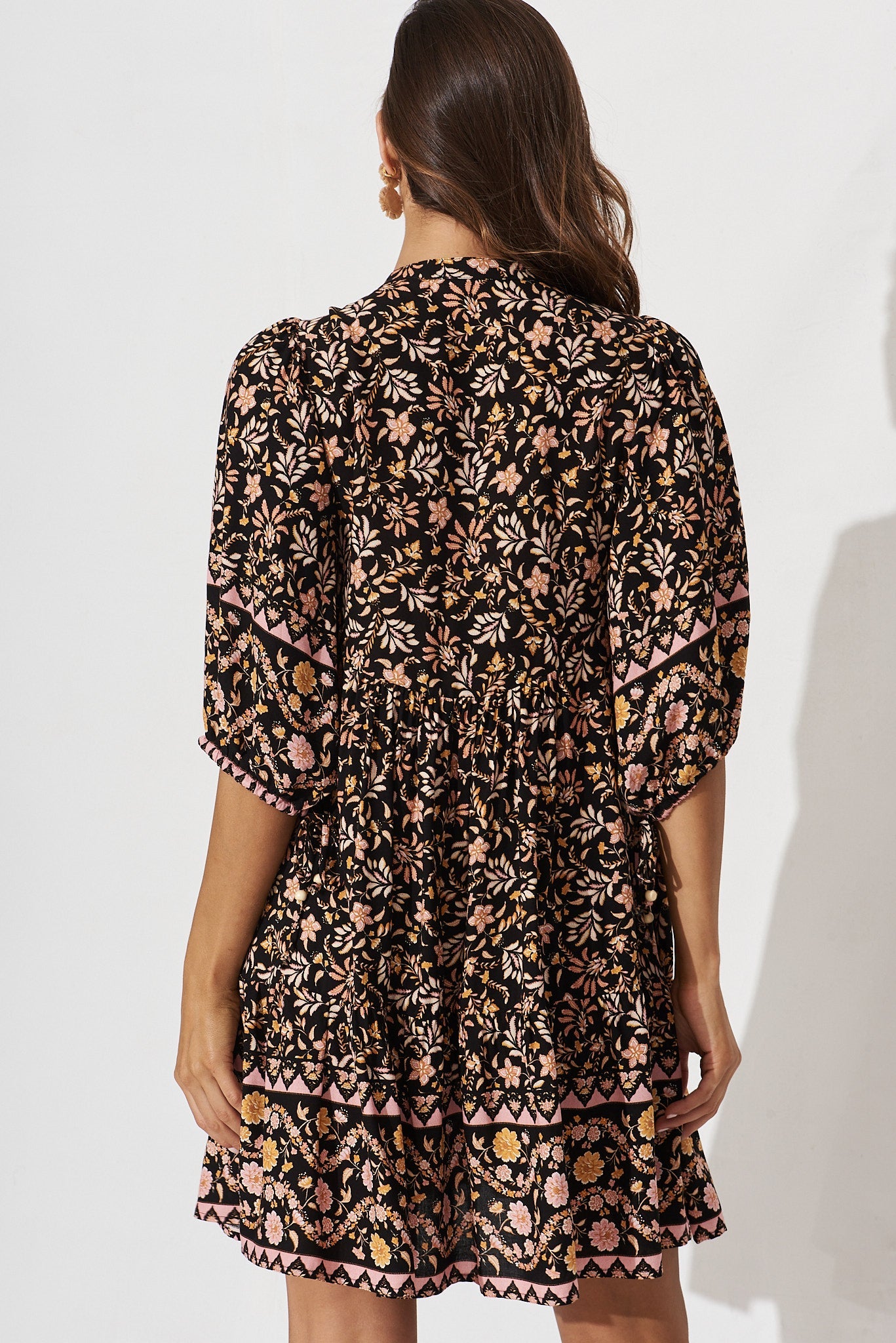 Emelyn Smock Dress In Black With Blush Multi Boho Floral