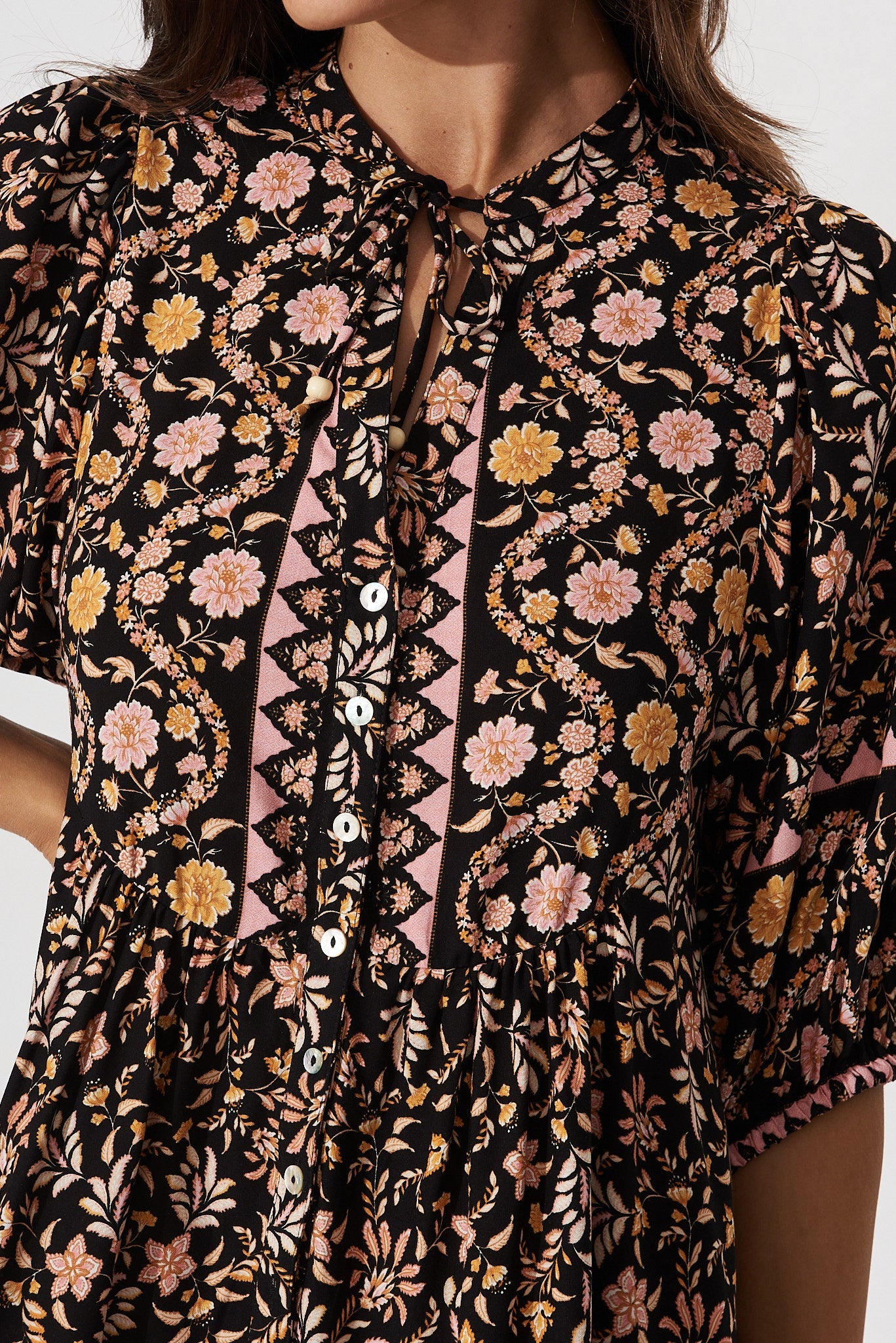 Emelyn Smock Dress In Black With Blush Multi Boho Floral