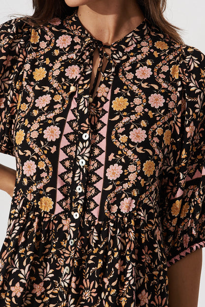 Emelyn Smock Dress In Black With Blush Multi Boho Floral