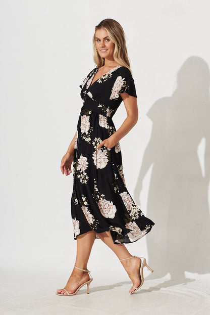 Nikke Midi Dress In Black With Beige Floral