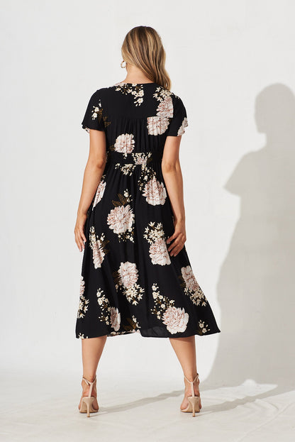 Nikke Midi Dress In Black With Beige Floral