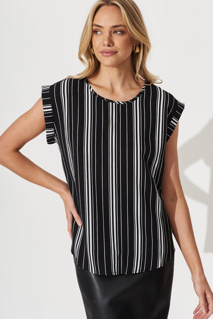 Rejina Top In Black With White Stripe Crepe