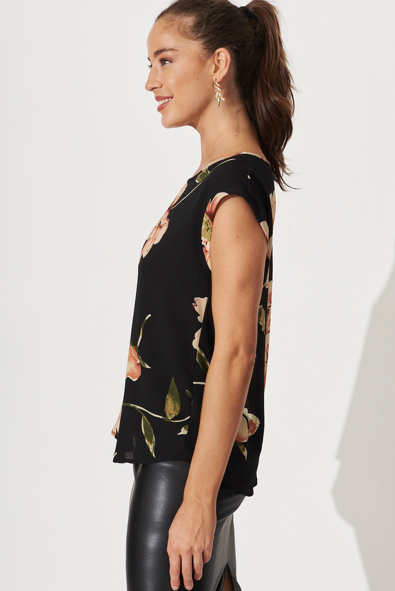 Rejina Top In Black With Blush Floral Bubble Crepe
