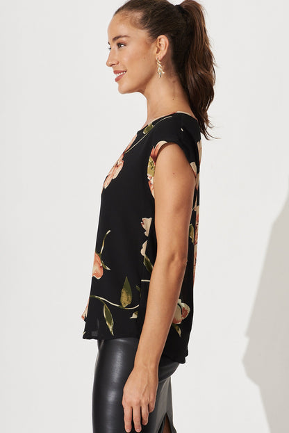 Rejina Top In Black With Blush Floral Bubble Crepe