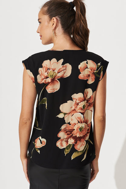 Rejina Top In Black With Blush Floral Bubble Crepe