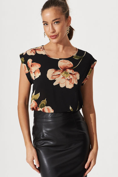 Rejina Top In Black With Blush Floral Bubble Crepe
