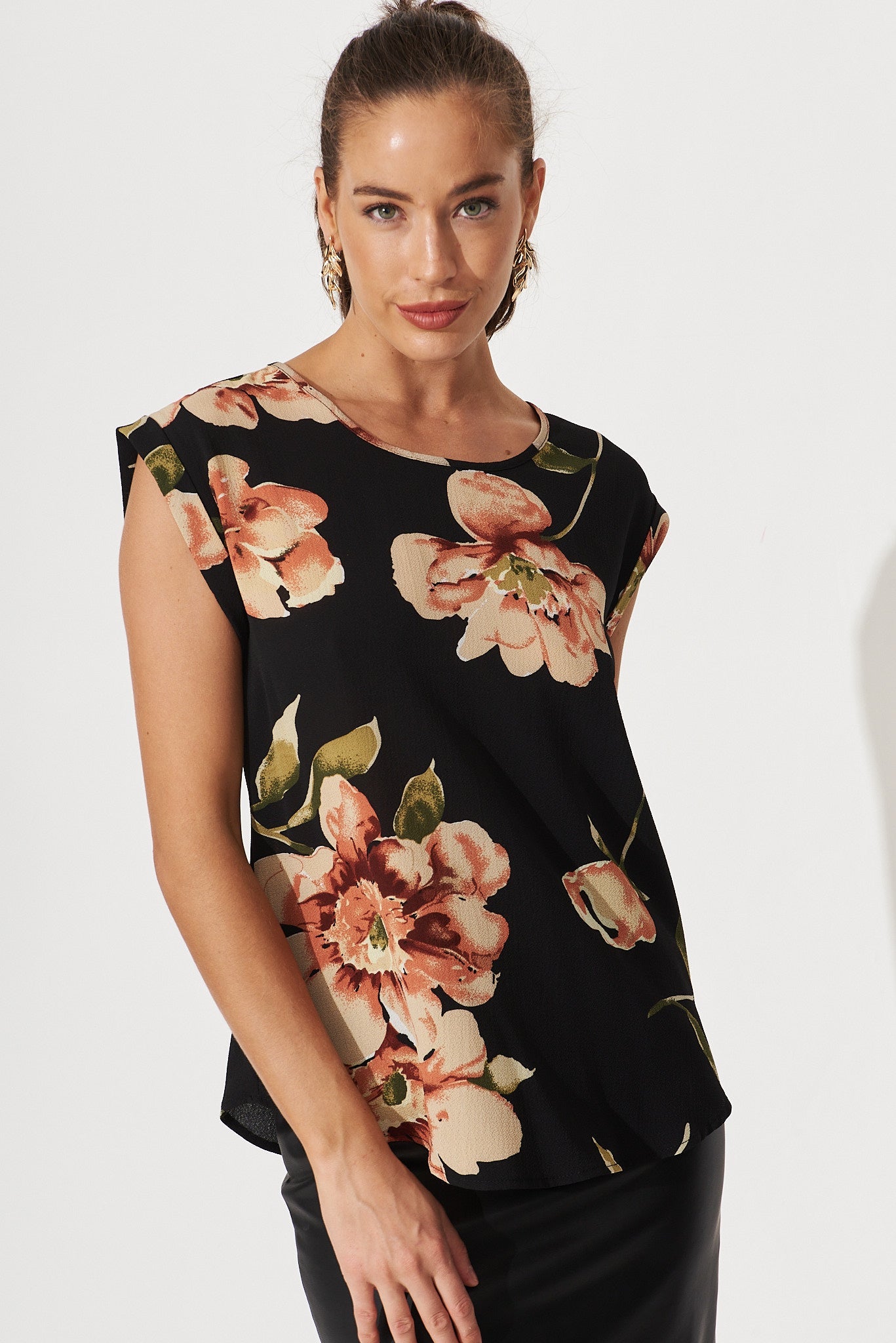 Rejina Top In Black With Blush Floral Bubble Crepe