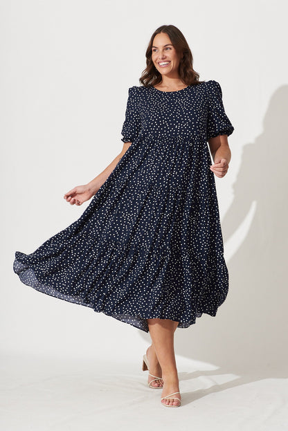 Nevi Tiered Midi Dress in Navy Spot