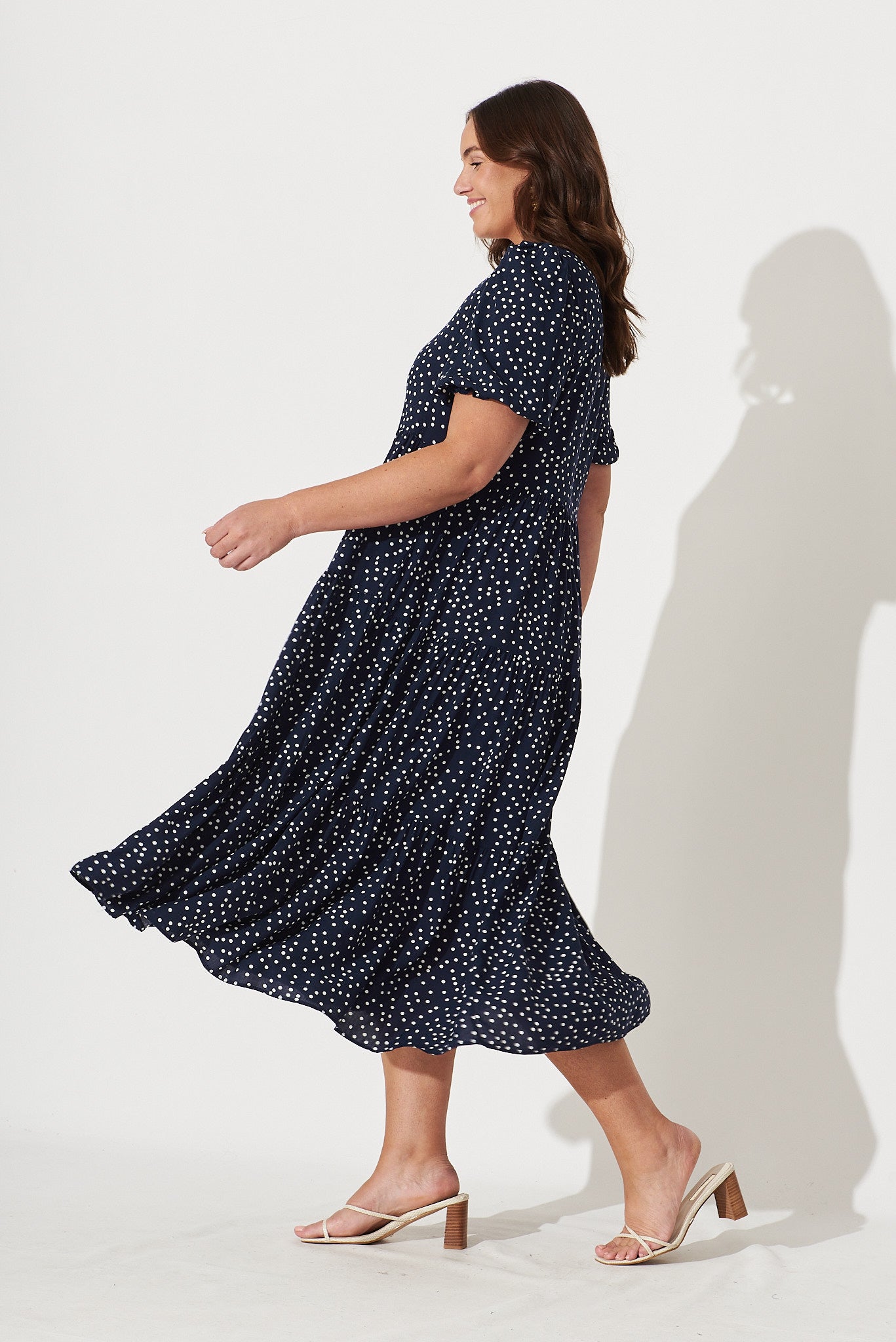 Nevi Tiered Midi Dress in Navy Spot