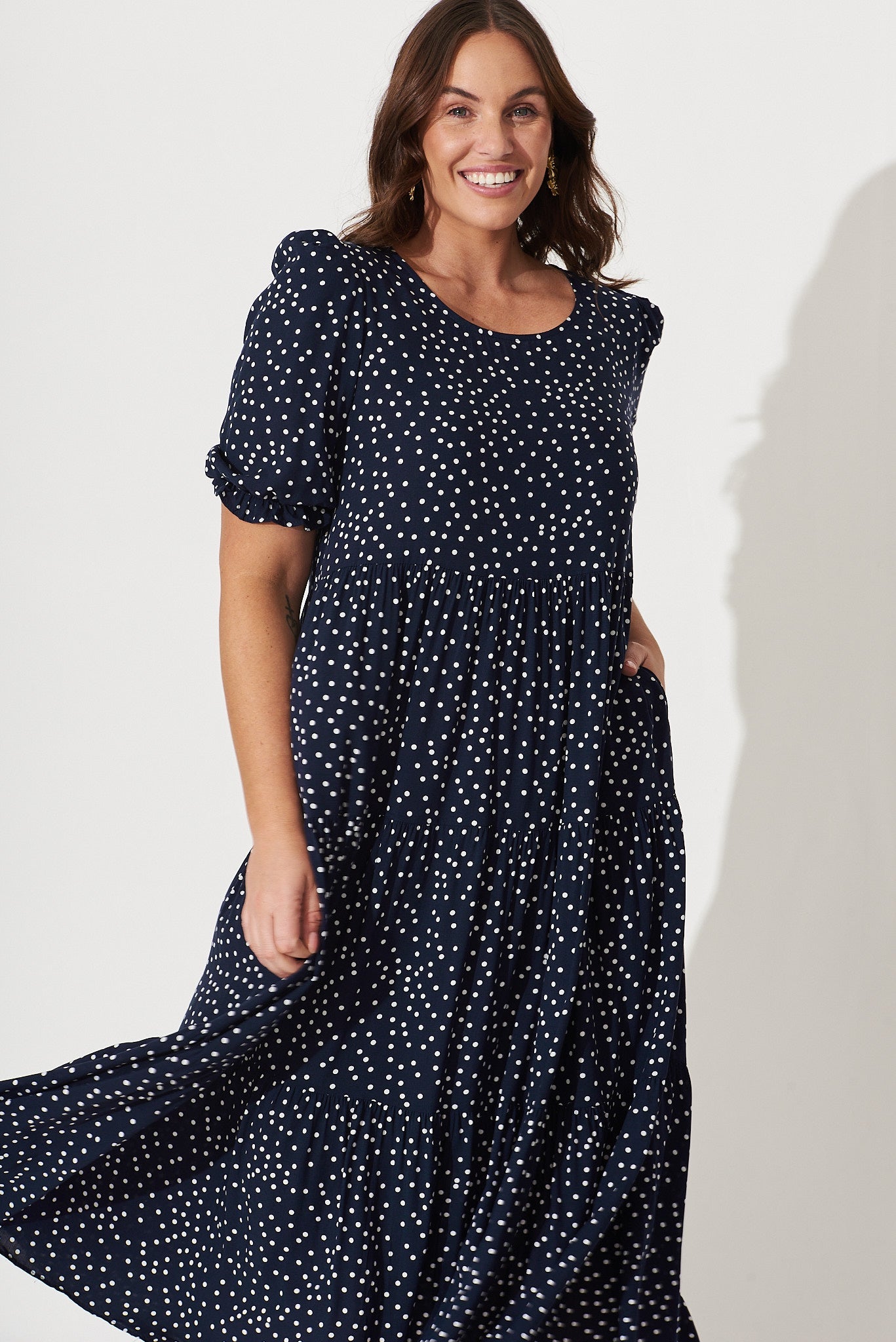 Nevi Tiered Midi Dress in Navy Spot