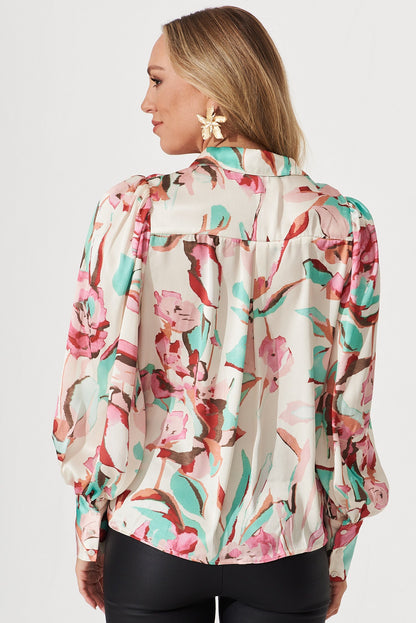 Aurora Shirt In Ivory With Pink And Green Floral Satin