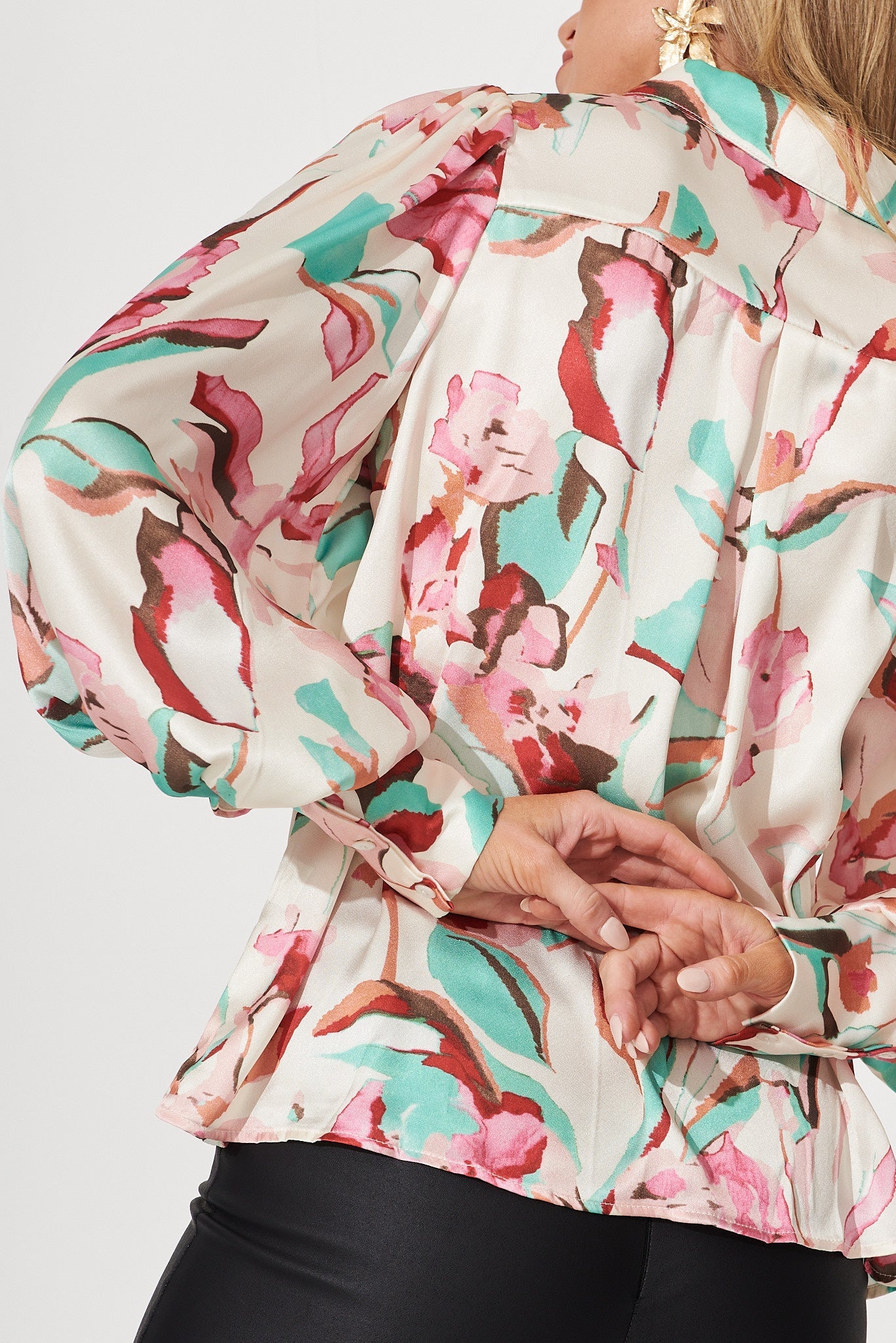 Aurora Shirt In Ivory With Pink And Green Floral Satin