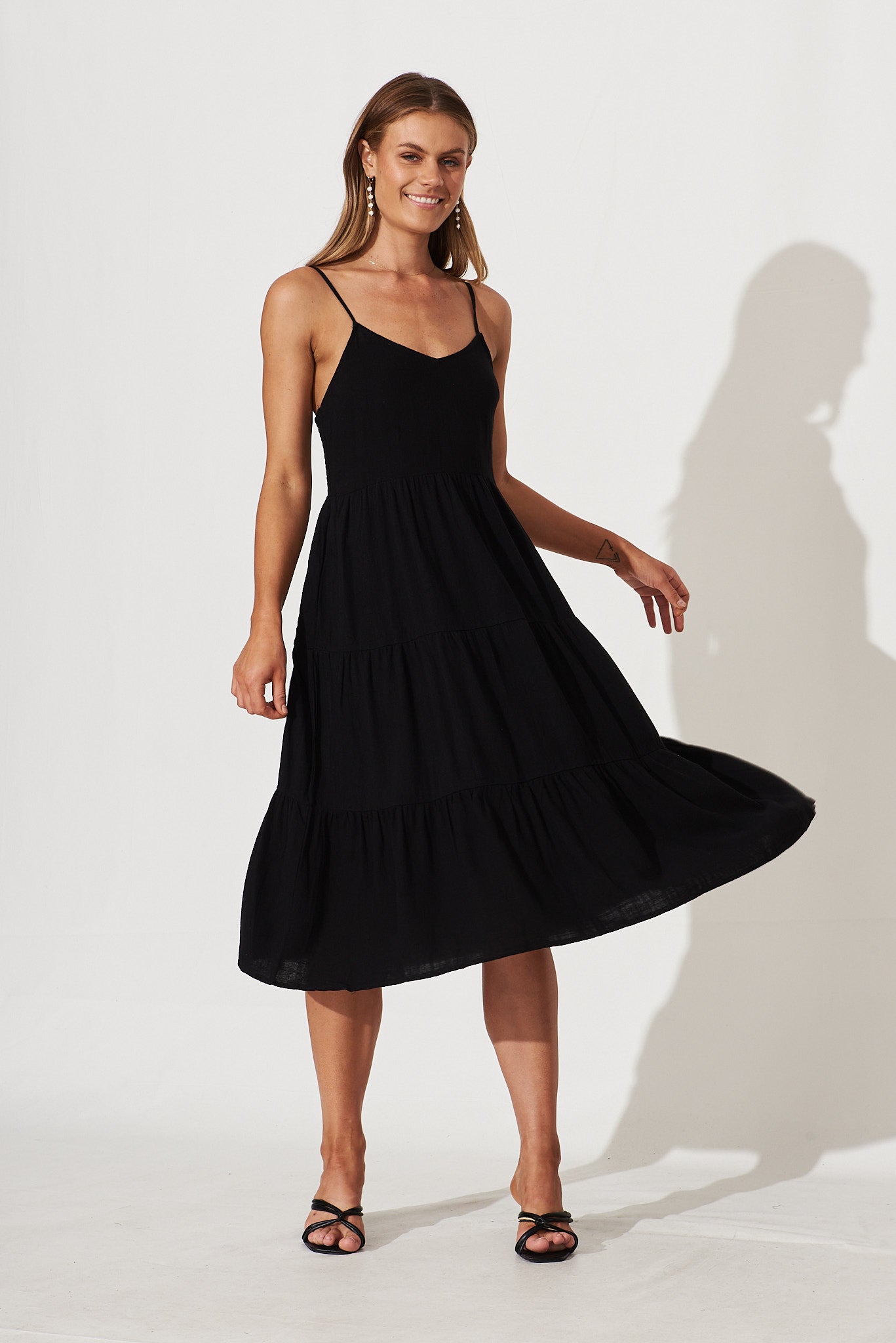 Utopia Midi Sundress In Black Linen Blend