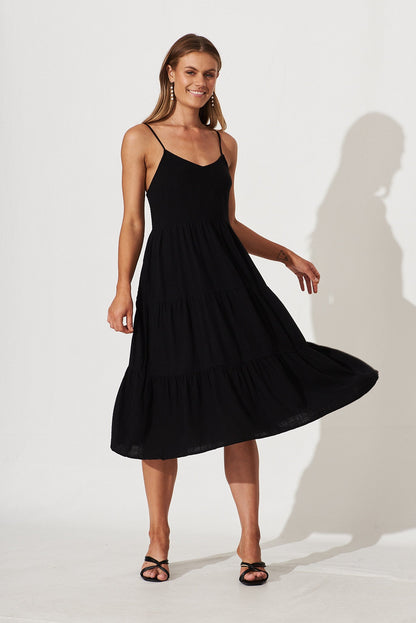 Utopia Midi Sundress In Black Linen Blend