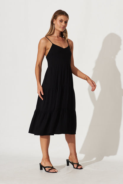 Utopia Midi Sundress In Black Linen Blend
