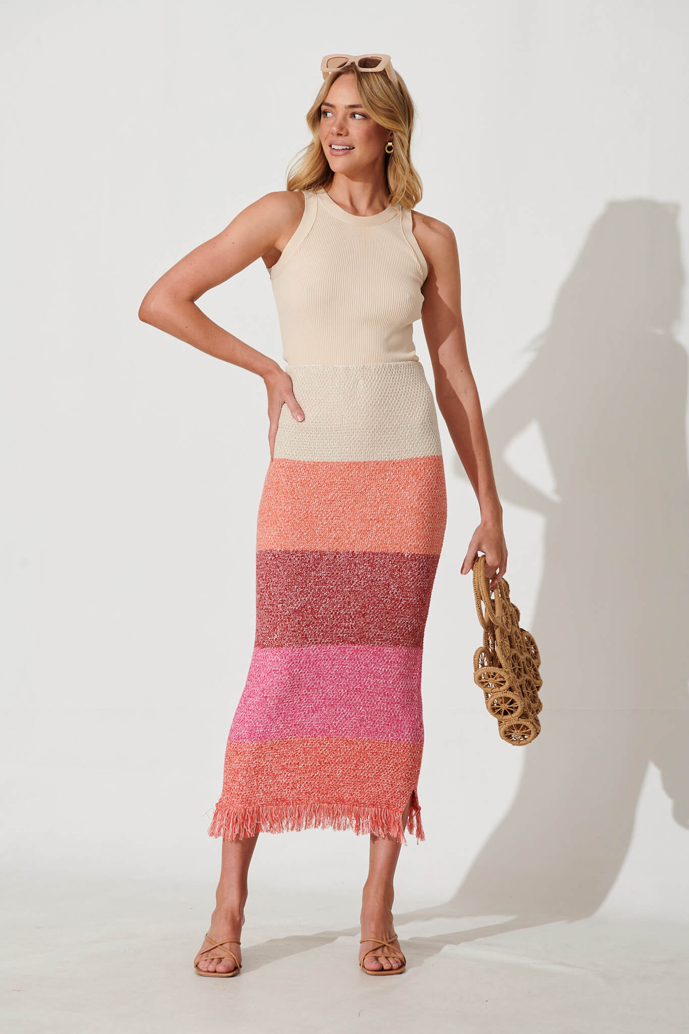 Gracey Midi Knit Skirt In Pink Multi Cotton