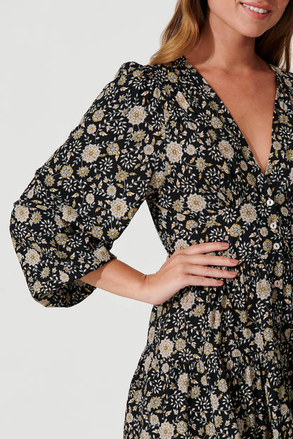 Abriella Dress In Black With Cream Floral
