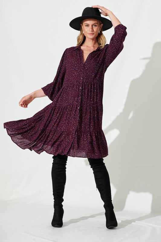 Glorietta Smock Dress In Plum Multi Speckle