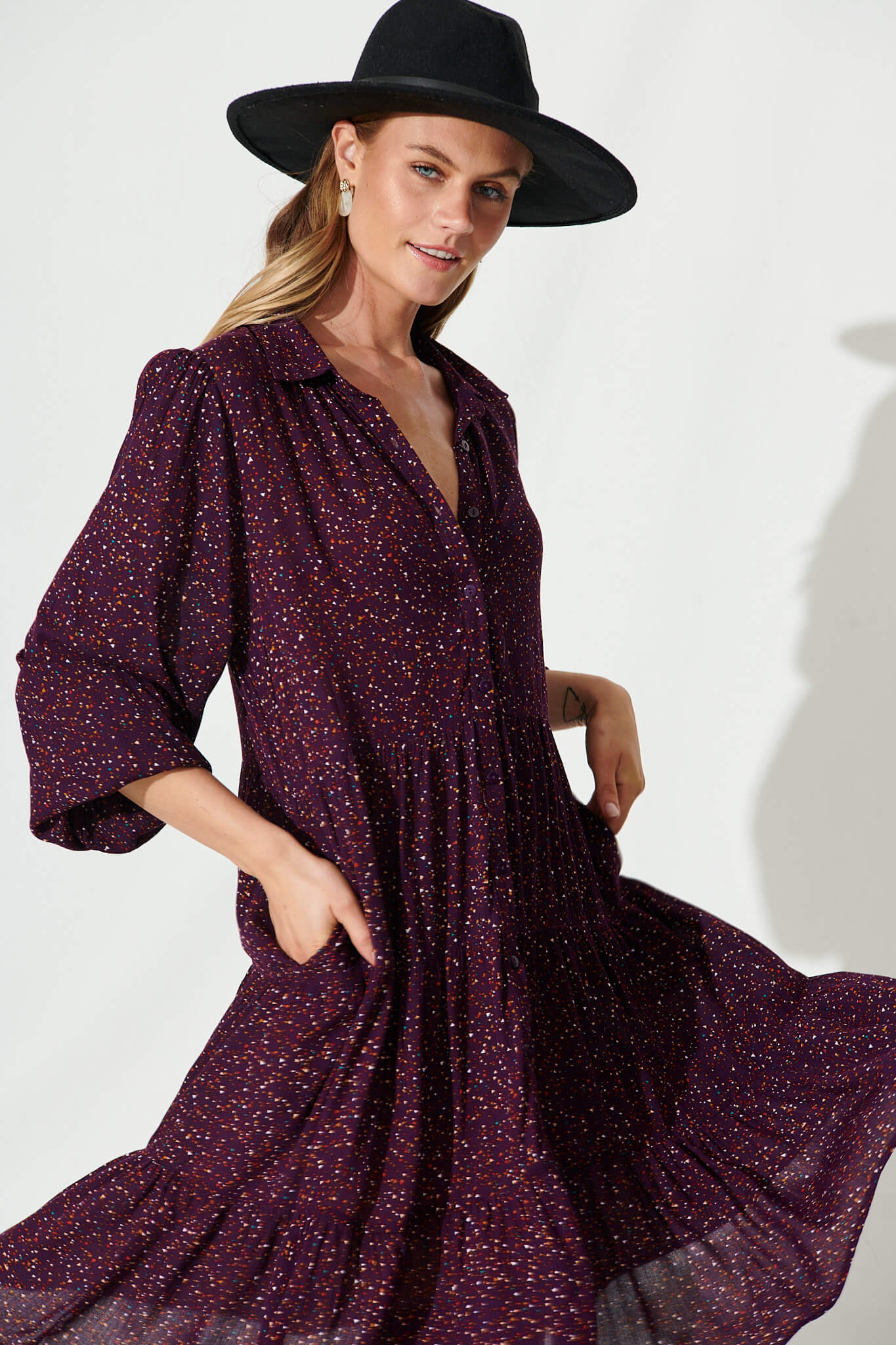 Glorietta Smock Dress In Plum Multi Speckle