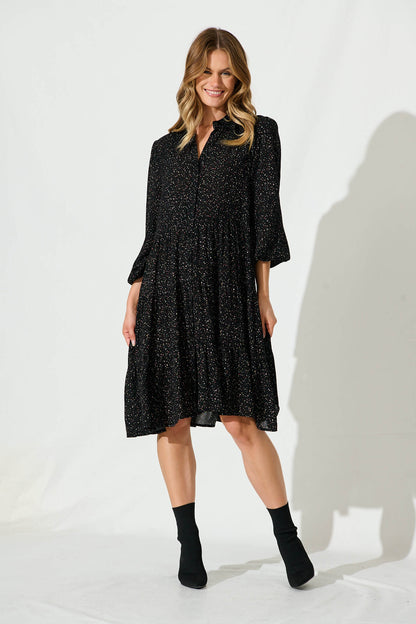 Glorietta Smock Dress In Black Multi Speckle