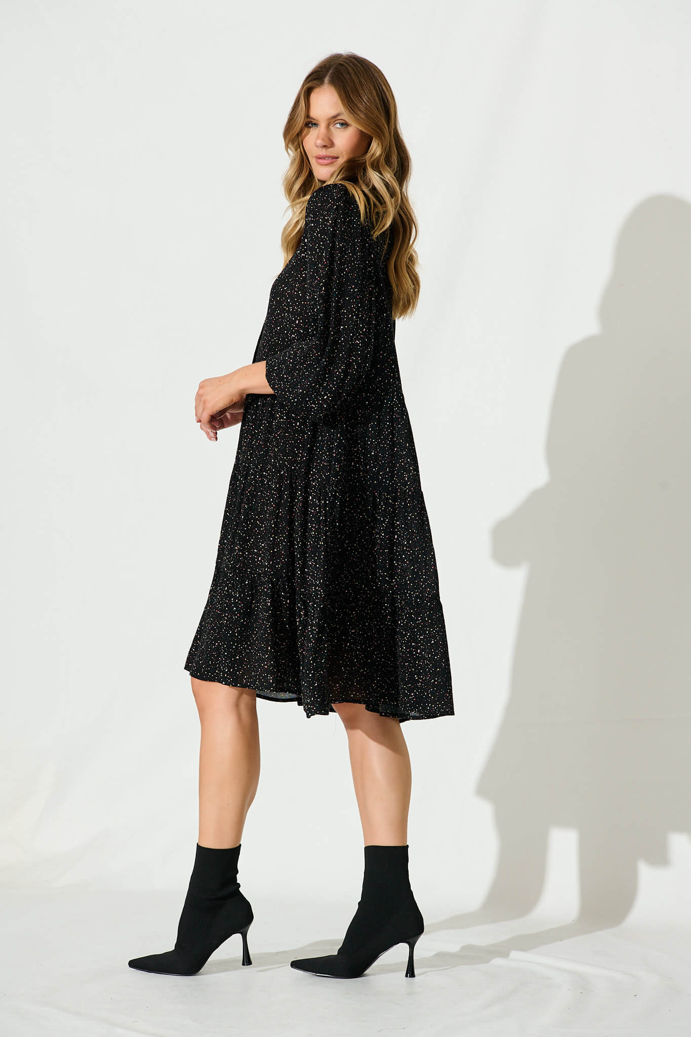 Glorietta Smock Dress In Black Multi Speckle