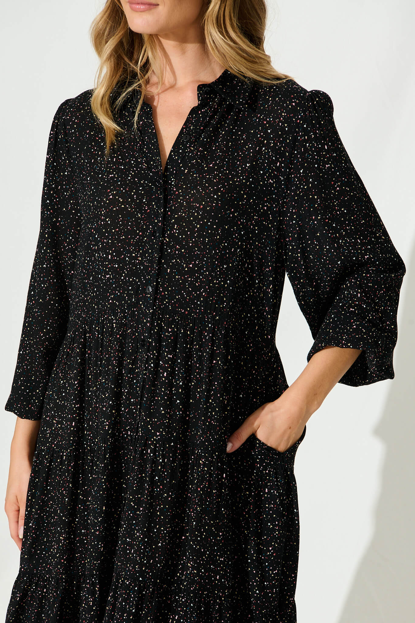 Glorietta Smock Dress In Black Multi Speckle