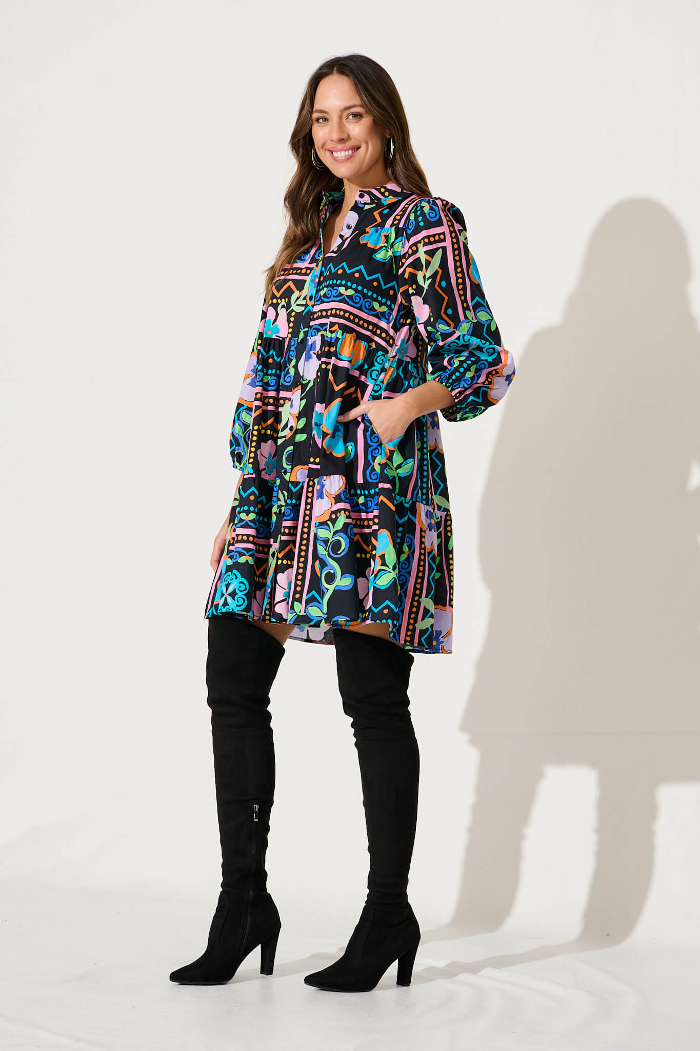 Mahonia Smock Shirt Dress In Black With Multi Cotton