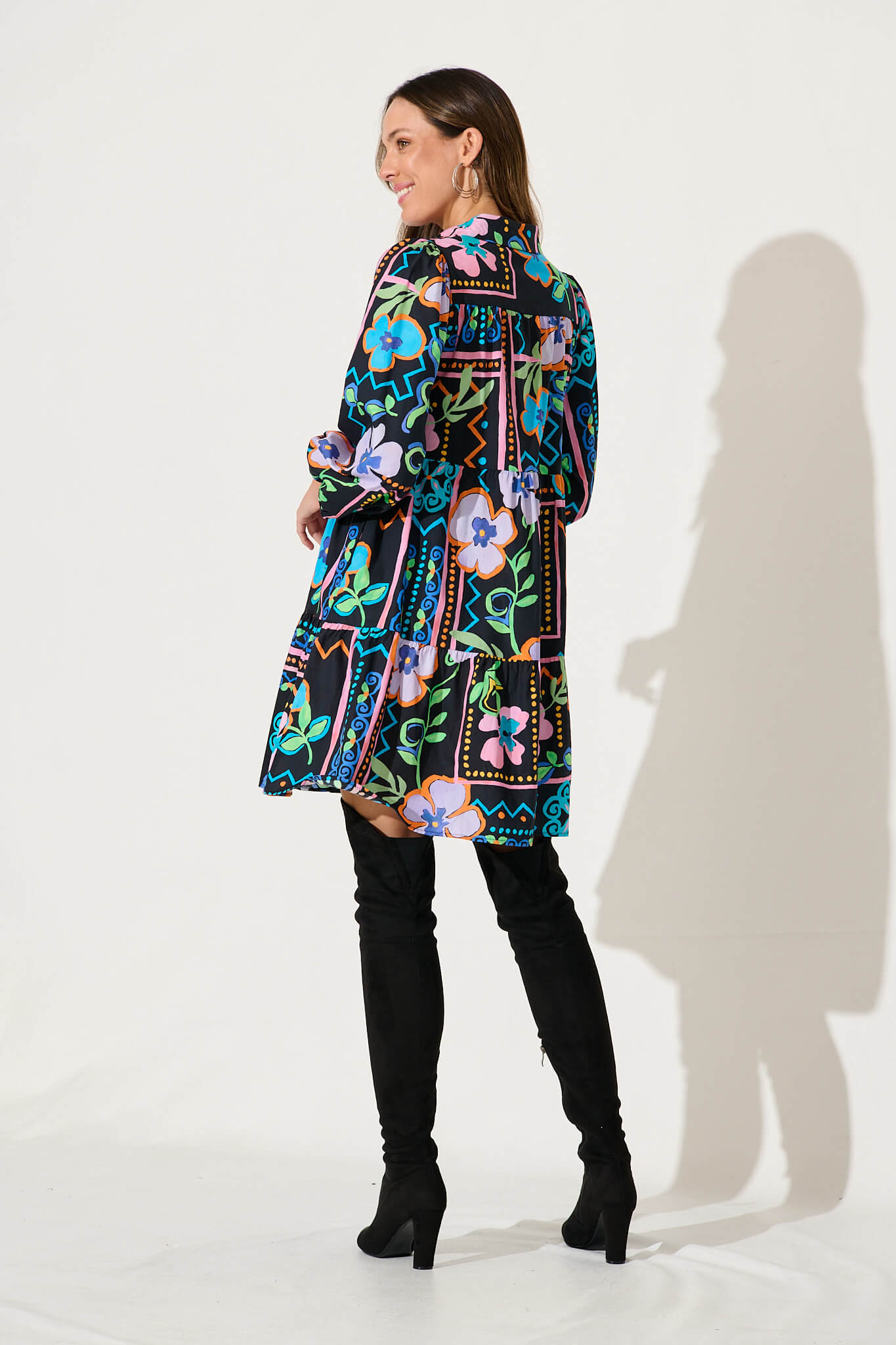 Mahonia Smock Shirt Dress In Black With Multi Cotton