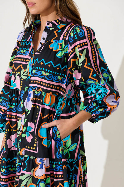 Mahonia Smock Shirt Dress In Black With Multi Cotton