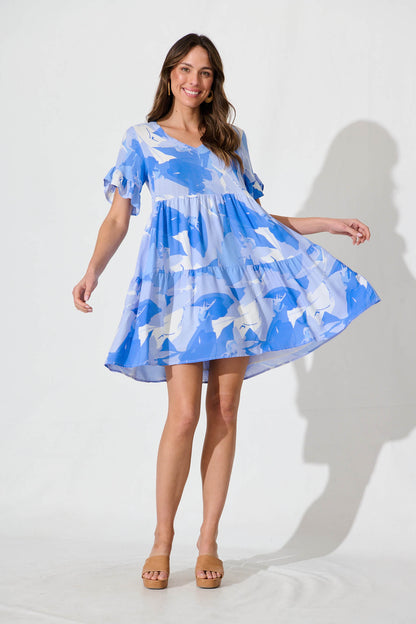 Kristina Smock Dress In Blue With White Print