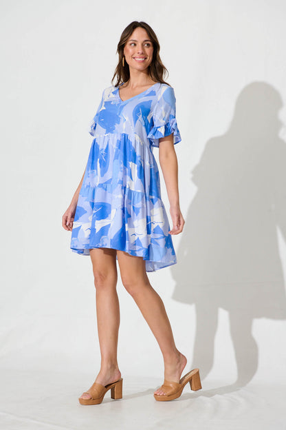 Kristina Smock Dress In Blue With White Print