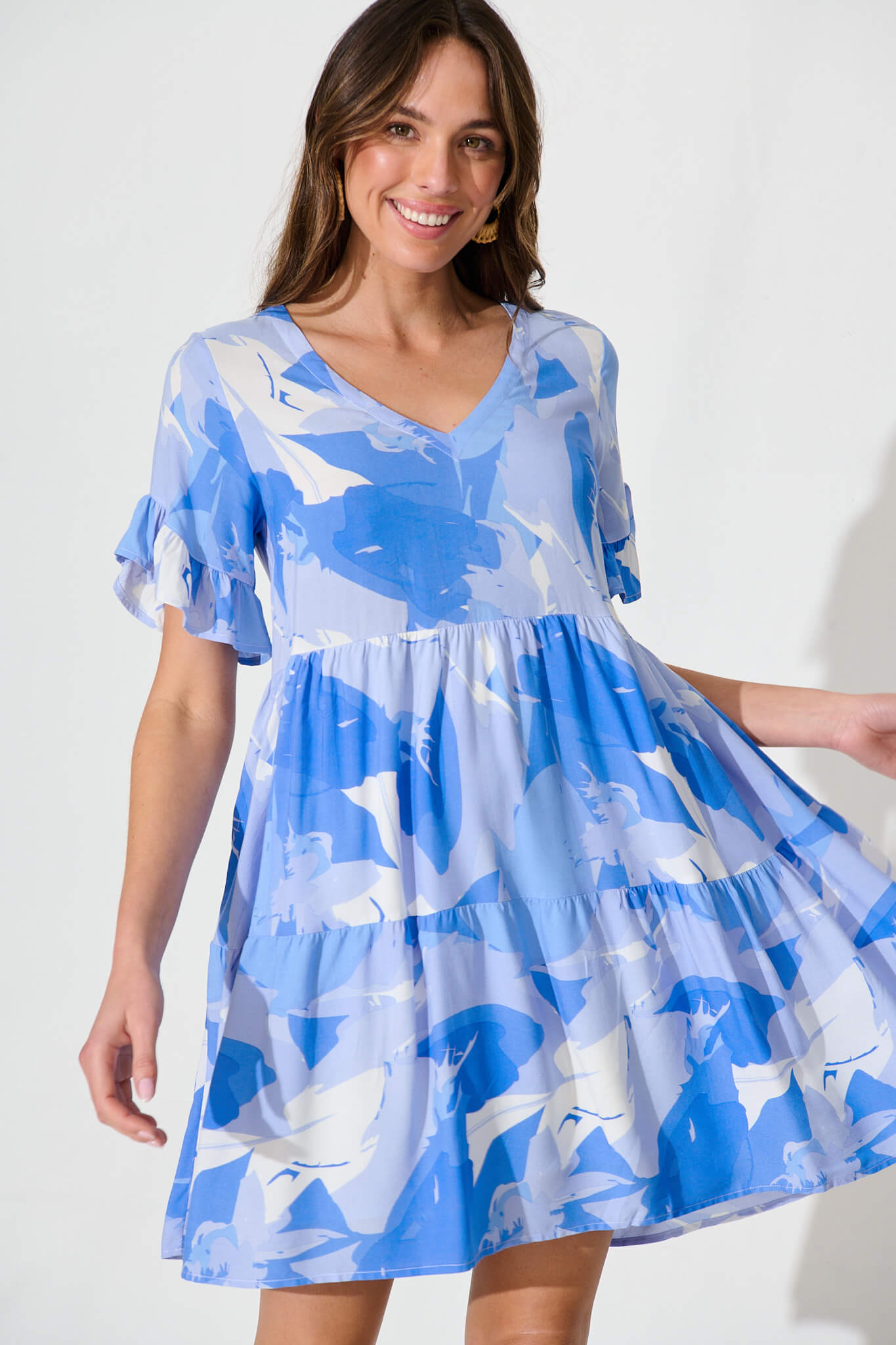 Kristina Smock Dress In Blue With White Print