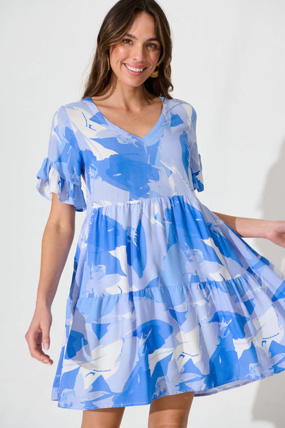Kristina Smock Dress In Blue With White Print