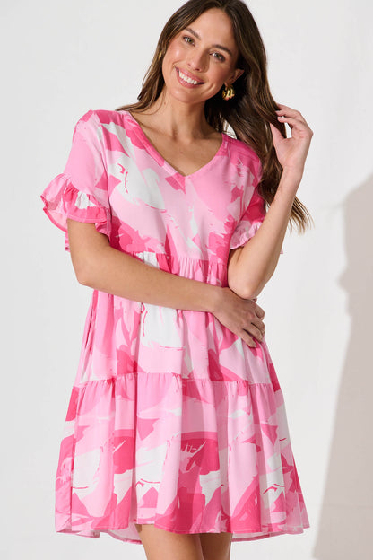 Kristina Smock Dress In Pink With White Print