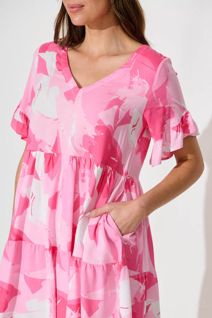 Kristina Smock Dress In Pink With White Print