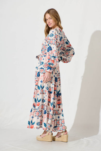 Krystia Dress In Cream With Multi Print With Ric Rac Trim