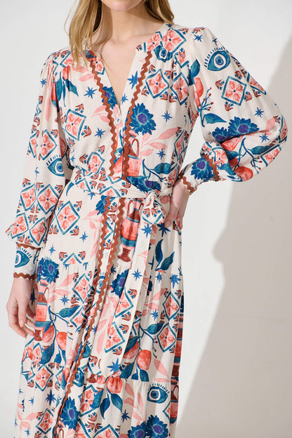 Krystia Dress In Cream With Multi Print With Ric Rac Trim