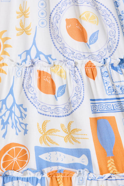 Carina Dress In White With Multi Print Linen Blend