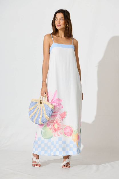 Vandalia Maxi Sundress In White With Multi Linen Blend