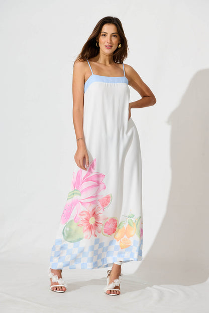 Vandalia Maxi Sundress In White With Multi Linen Blend