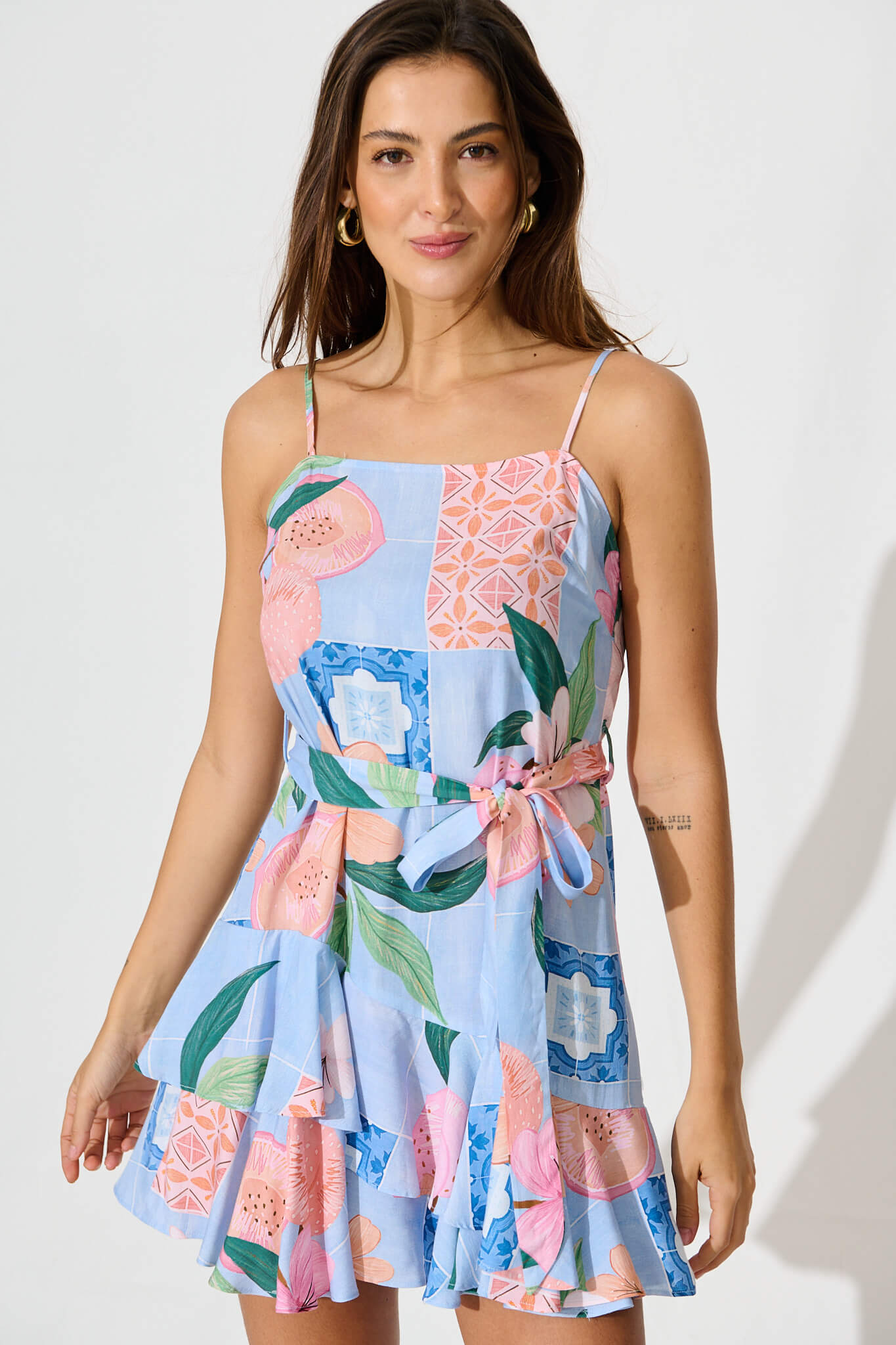 Gretel Dress In Blue With Multi Tile Print