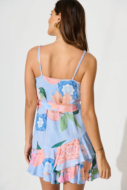 Gretel Dress In Blue With Multi Tile Print