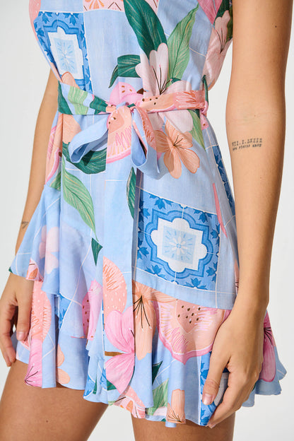 Gretel Dress In Blue With Multi Tile Print