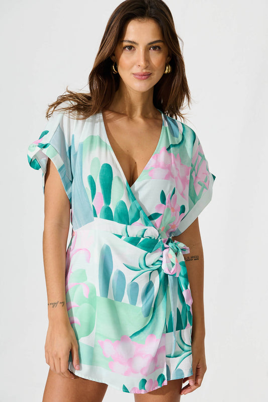 Silesia Playsuit in Blue and Green Print Linen Blend