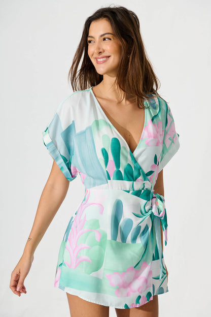 Silesia Playsuit in Blue and Green Print Linen Blend