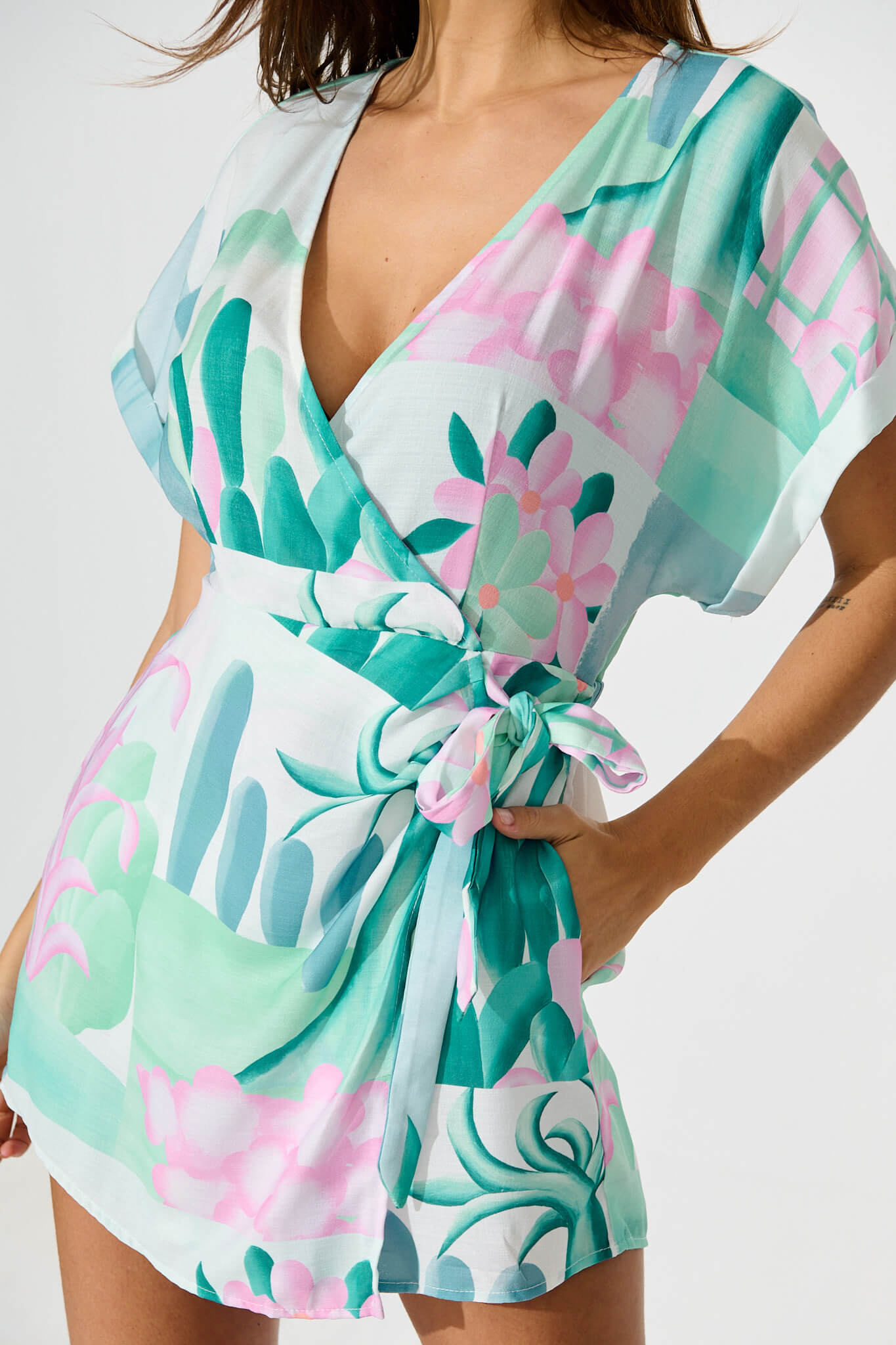 Silesia Playsuit in Blue and Green Print Linen Blend