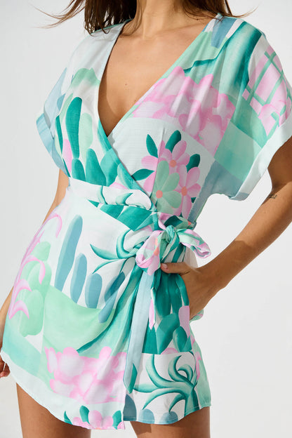 Silesia Playsuit in Blue and Green Print Linen Blend