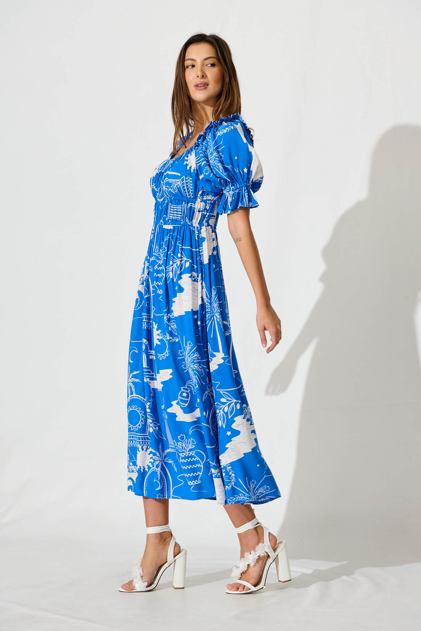 Truly Midi Dress In Blue With White Print