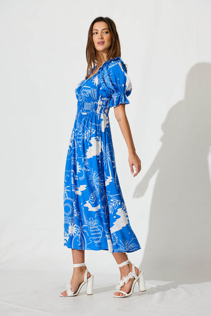 Truly Midi Dress In Blue With White Print