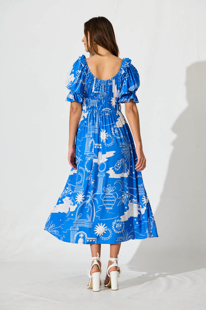 Truly Midi Dress In Blue With White Print